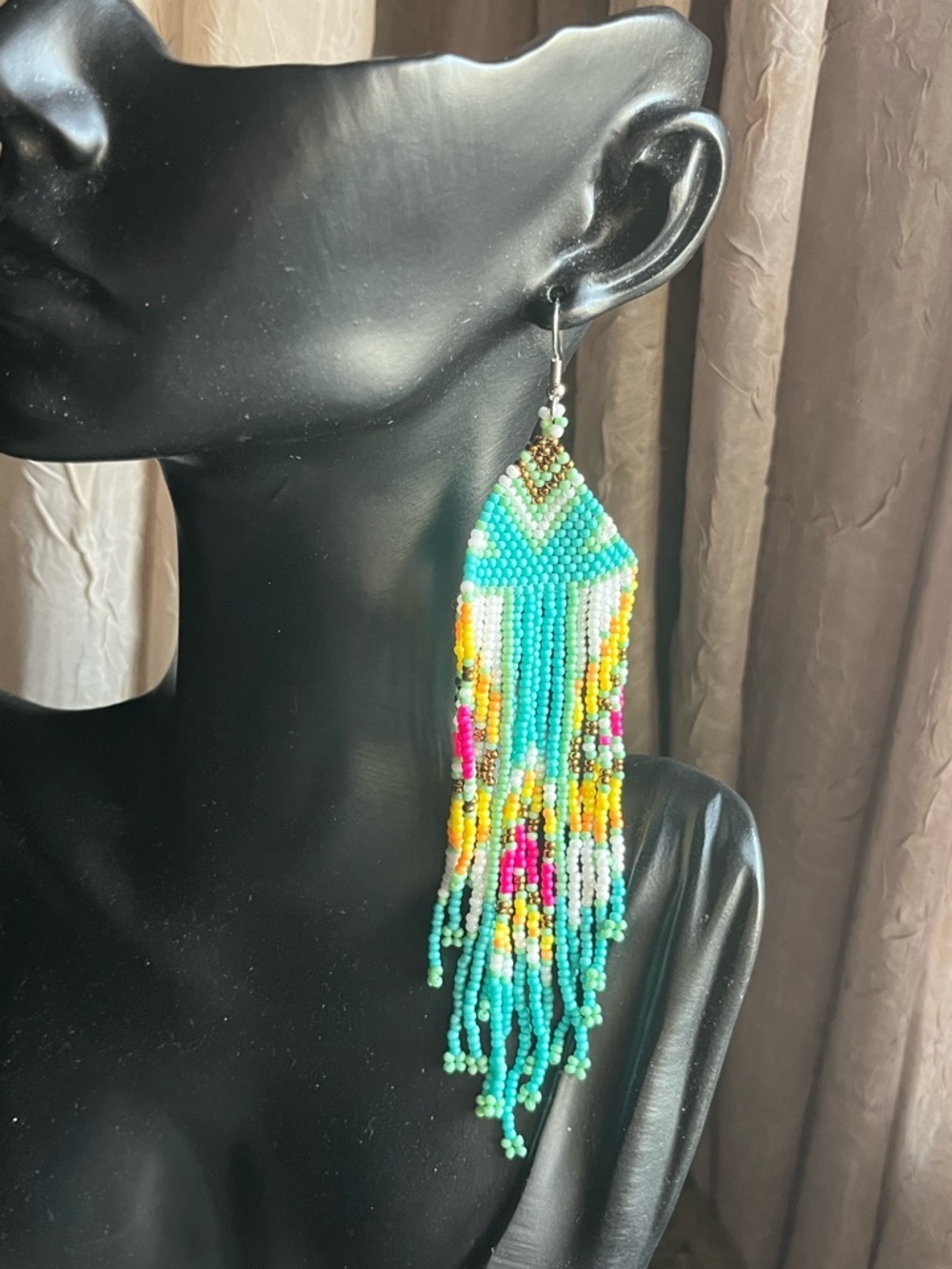 Handmade Turquoise Beaded Fringe Earrings - Colorful Seed Bead Design